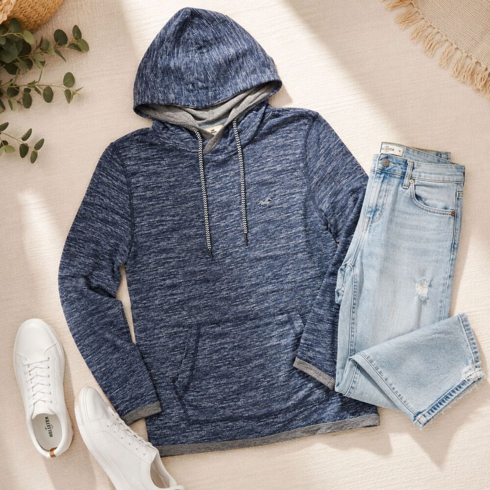Hollister Blue Gray Marled Hoodie Men's Small Pullover Pocket Sweatshirt